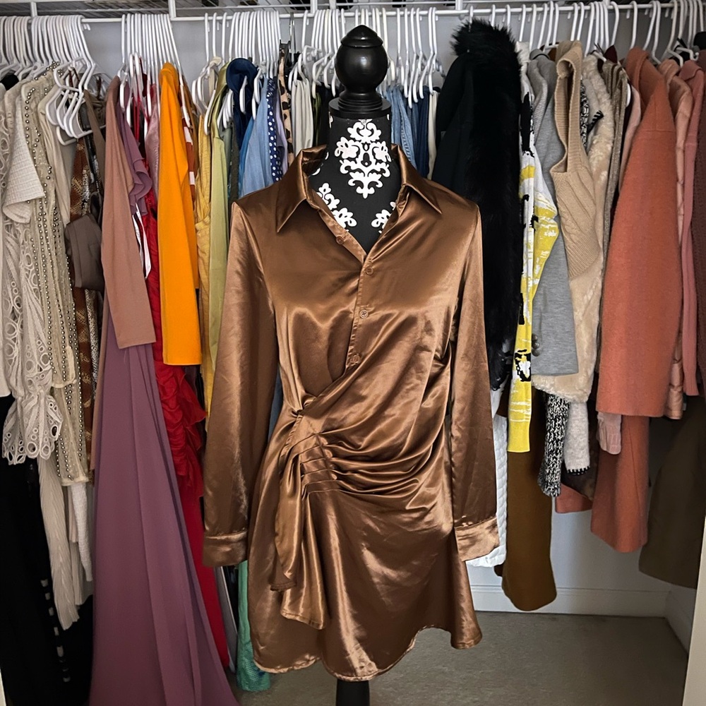 Chic Asymmetrical Satin Dress in Rich Brown